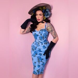 UNICORN! Vixen by Micheline Pitt Blue Vintage Roses Sweetheart Dress